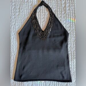Lauren Ralph Lauren Black Silk Halter Top w/ Sequin Neckline Built-In Bra M